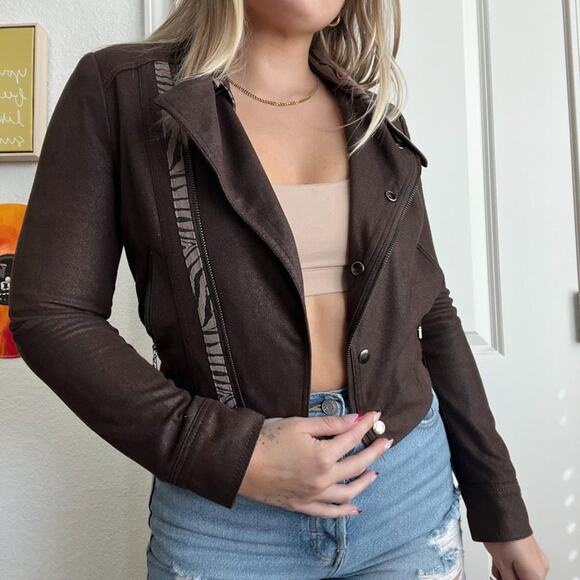 Vintage Y2K Off Limits Brown Zebra Trim Suede Bomber Jacket Sz XS - Picture 2 of 4